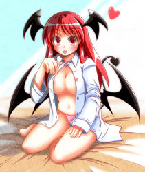Rule 34 | 1girl, :d, akagi yuuto, areola slip, bad id, bad pixiv id, bare legs, blush, breasts, cleavage, demon tail, dress shirt, embodiment of scarlet devil, female focus, head wings, heart, koakuma, large breasts, long hair, looking at viewer, low wings, navel, no bra, no pants, open mouth, panties, pink panties, red eyes, red hair, shirt, sitting, skindentation, smile, solo, tail, touhou, underwear, wings