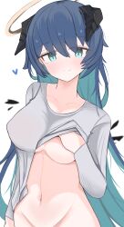 Rule 34 | 1girl, absurdres, aqua eyes, aqua hair, arknights, blue hair, blush, breasts, closed mouth, clothes lift, colored inner hair, grey shirt, halo, highres, lifted by self, long hair, looking at viewer, medium breasts, mostima (arknights), multicolored hair, navel, nui (nuinui0300), out-of-frame censoring, shirt, shirt lift, solo