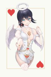 Rule 34 | 1girl, absurdres, angel wings, aqua eyes, black hair, breasts, card (medium), chainsaw man, choker, crescent, cropped legs, dress, earrings, elbow gloves, food-themed earrings, food themed earrings, frilled choker, frills, fur halo, gloves, hair between eyes, halo, heart, highres, jewelry, kiunchiku, medium breasts, mismatched earrings, multiple rings, partially fingerless gloves, plunging neckline, reze (chainsaw man), ring, side slit, solo, strawberry earrings, thighhighs, white choker, white dress, white gloves, white thighhighs, wings, wrist cuffs