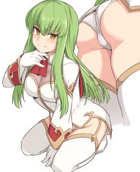 Rule 34 | 1girl, ass, blush, breasts, bright pupils, c.c., cleavage, code geass, commentary request, gloves, green eyes, green hair, kneeling, large breasts, long hair, long sleeves, looking at viewer, panties, shiseki hirame, simple background, solo, thighhighs, underwear, white background, white gloves, white panties, white thighhighs