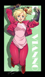 Rule 34 | 1girl, 2023, :d, arms up, black border, black gloves, blonde hair, blue eyes, border, bracelet, character name, dated, elbow gloves, elle vianno, fingerless gloves, full body, gloves, green background, gundam, gundam zz, hair ribbon, high side ponytail, jacket, jewelry, jumping, long hair, long sleeves, looking at viewer, open clothes, open jacket, open mouth, outside border, pants, pink shirt, red footwear, red jacket, red pants, red ribbon, ribbon, shirt, signature, smile, solo, thigh gap, werkbau