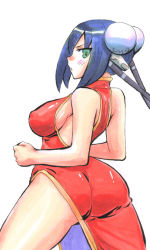 Rule 34 | 1girl, :o, aq interactive, arcana heart, ass, atlus, blue hair, blush, breasts, bun cover, cable, china dress, chinese clothes, clenched hand, covered erect nipples, double bun, dress, embarrassed, examu, from behind, green eyes, hair bun, hair ornament, kikuta, large breasts, looking back, mei-fang, open mouth, short hair, sideboob, simple background, solo, standing, surprised