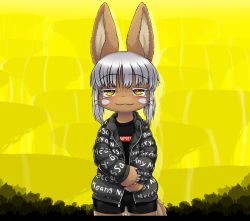 Rule 34 | 1other, :3, animal ears, bike shorts, bune poster, clothes writing, drip (meme), finger gun, furry, highres, jacket, long sleeves, looking at viewer, made in abyss, meme, nanachi (made in abyss), open clothes, shirt, solo, straight-on, supreme (brand), white hair, yellow background