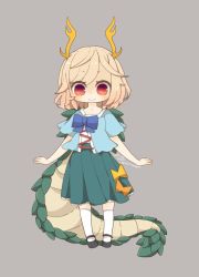 Rule 34 | 1girl, antlers, blue shirt, blush, chibi, dragon horns, dragon tail, full body, grey background, horns, kicchou yachie, looking at viewer, red eyes, shirt, short hair, short sleeves, simple background, skirt, smile, solo, standing, tail, touhou, white legwear, yaco (nuitnotte)
