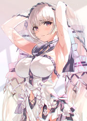 Rule 34 | 1girl, armpits, arms behind head, arms up, azur lane, bare shoulders, blush, breasts, dress, formidable (azur lane), formidable (timeless classics) (azur lane), grey hair, highres, large breasts, long hair, looking at viewer, official alternate costume, red eyes, solo, temir, twintails, very long hair, white dress