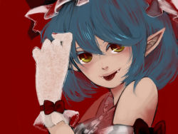 Rule 34 | 1girl, :p, blue hair, dress, frills, gloves, hat, looking at viewer, meiji (charisma serve), pointy ears, red background, remilia scarlet, ribbon, simple background, sleeveless, sleeveless dress, solo, tongue, tongue out, touhou, yellow eyes