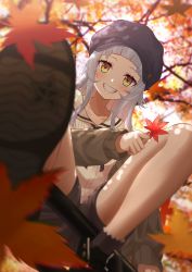 Rule 34 | 1girl, :d, absurdres, autumn leaves, bare legs, black footwear, black hat, blush, brown eyes, brown jacket, brown shorts, brown socks, commentary request, from below, grin, hat, highres, hololive, jacket, leaf, long hair, long sleeves, looking at viewer, looking down, maple leaf, murasaki shion, open mouth, sailor collar, shima46, shirt, shoes, short eyebrows, shorts, silver hair, smile, socks, solo, virtual youtuber, white sailor collar, white shirt