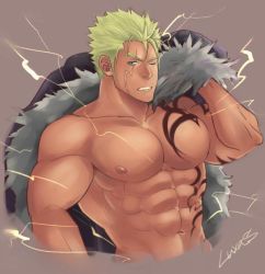 Rule 34 | 1boy, abs, bara, bare pectorals, blonde hair, chest tattoo, chun (luxtan), coat, cropped torso, fairy tail, holding clothes, holding coat, laxus dreyar, lightning, long sideburns, looking at viewer, male focus, muscular, muscular male, naked coat, navel, nipples, one eye closed, pectorals, short hair, sideburns, solo, spiked hair, stomach, tattoo