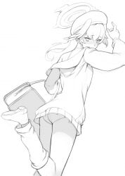 Rule 34 | 1girl, bag, beret, blue archive, from behind, greyscale, halo, hat, koharu (blue archive), looking at viewer, looking back, medium hair, miniskirt, mkd, monochrome, panties, school uniform, shoes, simple background, skirt, solo, twintails, underwear, white background