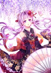 Rule 34 | 1girl, album cover, bug, butterfly, cover, detached sleeves, floral print, flower, hair flower, hair ornament, bug, japanese clothes, jewelry, kimono, looking at viewer, momoko (momoko14), necklace, obi, parasol, parted lips, purple eyes, purple hair, sash, solo, twintails, umbrella, v arms, vocaloid, voiceroid, yuzuki yukari