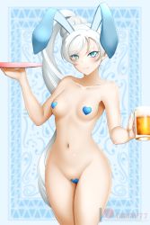 Rule 34 | 1girl, alcohol, animal ears, beer, beer mug, blue eyes, blush, closed mouth, collarbone, covered erect nipples, cowboy shot, cup, fake tail, heart maebari, heart pasties, highres, holding, holding cup, holding tray, kimmy77, long hair, looking at viewer, maebari, mug, navel, nude, pasties, ponytail, rabbit ears, rabbit tail, rwby, scar, scar across eye, scar on face, smile, solo, stomach, swept bangs, tail, tray, very long hair, watermark, web address, weiss schnee