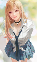 Rule 34 | 1girl, absurdres, barbell piercing, black collar, blonde hair, blue skirt, blurry, blurry background, breasts, cleavage, collar, collared shirt, ear piercing, feet out of frame, highres, industrial piercing, kitagawa marin, leaning forward, long hair, looking at viewer, loose necktie, medium breasts, necktie, partially unbuttoned, piercing, realistic, red eyes, ryeomiii, shirt, skirt, smile, solo, sono bisque doll wa koi wo suru, white shirt