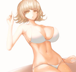 Rule 34 | 1girl, :o, absurdres, alternate breast size, alternate costume, bikini, breasts, brown eyes, brown hair, cleavage, collarbone, commentary request, cowboy shot, danganronpa (series), danganronpa 2: goodbye despair, geulimykun (skbyunea413), groin, hand up, highres, index finger raised, large breasts, nanami chiaki, navel, open mouth, short hair, simple background, solo, stomach, swimsuit, white background, white bikini