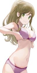 Rule 34 | 1girl, bikini, breasts, brown hair, green eyes, highres, hiroki (yyqw7151), inuyama aoi, large breasts, long hair, looking at viewer, navel, ponytail, simple background, smile, solo, swimsuit, white background, yurucamp