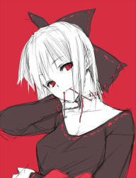 Rule 34 | 1girl, bow, hair bow, kurokuro, looking at viewer, mouth hold, red background, red eyes, ribbon, sekibanki, shirt, short hair, simple background, sketch, solo, touhou, upper body