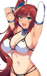 Rule 34 | 1girl, aqua eyes, armpits, arms up, bad id, bad twitter id, bikini, blush, brave girl ravens, breasts, brown hair, cleavage, elbow gloves, gloves, hair ornament, horosuke, large breasts, long hair, looking at viewer, mavis (brave girl ravens), multi-strapped bikini bottom, multi-strapped bikini top, navel, one-piece tan, open mouth, side ponytail, sidelocks, simple background, single glove, smile, solo, swimsuit, tan, tanline, white background, white bikini, white gloves