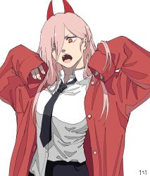 Rule 34 | 1girl, black necktie, black pants, chainsaw man, collared shirt, cross-shaped pupils, hair over one eye, highres, horns, jacket, long hair, looking at viewer, necktie, open mouth, pants, pink hair, power (chainsaw man), red eyes, red horns, red jacket, sharp teeth, shirt, shirt partially tucked in, simple background, solo, symbol-shaped pupils, teeth, ufkqz, white background, white shirt