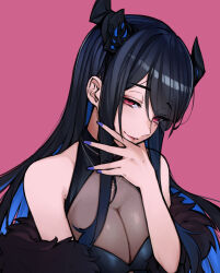 Rule 34 | 1girl, absurdres, asymmetrical horns, bare shoulders, black hair, blue hair, breasts, colored inner hair, demon horns, hair ornament, head tilt, highres, hololive, hololive english, horns, kureo, large breasts, long hair, looking at viewer, mole, mole under eye, multicolored hair, narrowed eyes, nerissa ravencroft, official alternate costume, red eyes, simple background, smile, solo, two-tone hair, uneven horns, upper body, virtual youtuber