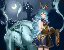 Rule 34 | 10s, 1girl, animal ears, bare shoulders, blue hair, breasts, brown eyes, brown gloves, castle, cowboy shot, crescent moon, dot nose, earrings, ferry (granblue fantasy), gloves, granblue fantasy, holding, holding whip, jewelry, leather, leather gloves, long hair, looking at viewer, moon, sideboob, skirt, very long hair, wasabi60, wavy hair