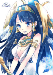 Rule 34 | 1girl, armlet, bare shoulders, black hair, blue eyes, blue lips, breasts, character name, cleavage, dress, egyptian, egyptian clothes, hair ornament, hair tubes, hairband, hoshino (nia hoshino), isis (p&amp;d), jewelry, lipstick, long hair, lots of jewelry, makeup, necklace, open mouth, puzzle &amp; dragons, simple background, sleeveless, sleeveless dress, snowflakes, solo, staff, text focus, upper body, white background, white dress, winged hair ornament
