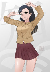 Rule 34 | 10s, 1girl, arm up, asymmetrical bangs, text background, brown eyes, brown hair, brown jacket, chi-hatan (emblem), chi-hatan school uniform, clenched hand, closed mouth, commentary, emblem, girls und panzer, high collar, highres, jacket, light smile, long hair, long sleeves, looking at viewer, miniskirt, nishi kinuyo, pleated skirt, raised fist, red skirt, school uniform, sino (mechanized gallery), skirt, solo, standing, v, watermark