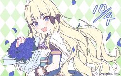 Rule 34 | 1girl, blonde hair, blue eyes, blue flower, blue rose, blunt bangs, copyright notice, falling petals, flower, hair ribbon, highres, holding, holding flower, long hair, official art, open mouth, petals, princess connect!, ribbon, rose, saren (princess connect!), solo, wavy hair