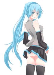 Rule 34 | 1girl, aqua eyes, aqua hair, ass, bad id, bad pixiv id, detached sleeves, hatsune miku, jack dempa, long hair, looking back, no panties, simple background, skirt, solo, thighhighs, twintails, very long hair, vocaloid, white background