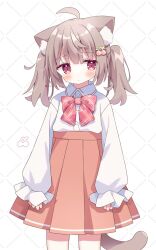 Rule 34 | 1girl, ahoge, animal ear fluff, animal ears, blush, bow, brown hair, brown skirt, cat ears, cat girl, cat tail, cherry hair ornament, closed mouth, collared shirt, commentary request, dress shirt, food-themed hair ornament, frilled sleeves, frills, hair ornament, hairclip, highres, long sleeves, nakkar, original, pink bow, plaid, plaid bow, pleated skirt, puffy long sleeves, puffy sleeves, red eyes, shirt, skirt, sleeves past wrists, solo, standing, tail, twintails, twitter username, white background, white shirt