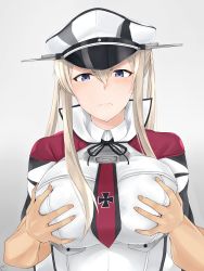 Rule 34 | 1girl, anchor, blue eyes, blush, breasts, breasts squeezed together, capelet, collared shirt, frown, grabbing, grabbing another&#039;s breast, grabbing from behind, graf zeppelin (kancolle), hat, highres, jacket, kantai collection, large breasts, long hair, looking at viewer, maruyaa (malya1006), necktie, peaked cap, red neckwear, shirt, sidelocks, simple background, solo focus, twintails, upper body, white background, white hat, white jacket