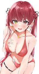 Rule 34 | 1girl, :d, absurdres, arrow through heart, bikini, black ribbon, blush, breasts, cleavage cutout, clothing cutout, collarbone, earrings, fang, groin, hair ribbon, halterneck, hand in bikini, hand under clothes, hand under swimsuit, heart, heart earrings, heart necklace, heterochromia, highres, hololive, houshou marine, houshou marine (summer), jewelry, kakeru (kakeruanim), large breasts, leaning forward, long hair, looking at viewer, navel, necklace, o-ring, o-ring legwear, o-ring thigh strap, official alternate costume, open mouth, red bikini, red eyes, red hair, ribbon, simple background, smile, solo, string bikini, swimsuit, thigh strap, twintails, virtual youtuber, white background, yellow eyes