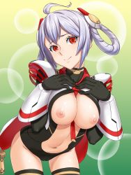 Rule 34 | 1girl, breasts, breasts out, cameltoe, cleft of venus, double bun, hair bun, highres, hou (hachiyou), large breasts, legs, looking at viewer, matoi (pso2), navel, nipples, phantasy star, phantasy star online 2, red eyes, simple background, smile, solo, standing, thighs, white hair