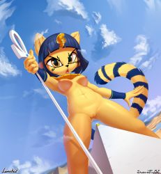 Rule 34 | 1girl, animal crossing, animal ears, ankha (animal crossing), arm up, armpits, artist name, blue hair, blue sky, blunt bangs, breasts, cat ears, cat tail, claws, cleft of venus, clitoral hood, cloud, collaboration, day, discordthege, egyptian, female focus, furry, furry female, giant, giantess, glint, gluteal fold, hair ornament, highres, holding, horizon, legs apart, looking at viewer, lunebat, medium breasts, navel, nintendo, nipples, nude, open mouth, outdoors, outstretched arm, pussy, pyramid (structure), river, short hair, sky, snake hair ornament, solo, staff, standing, stomach, tail, teeth, tongue, uncensored, vambraces, watermark, yellow eyes