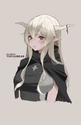 Rule 34 | 1girl, absurdres, arknights, artist name, black cape, blonde hair, blush, breasts, brown background, brown eyes, cape, closed mouth, hair between eyes, highres, horns, jewelry, large breasts, long hair, necklace, pointy ears, shining (arknights), simple background, solo, tofuubear, upper body