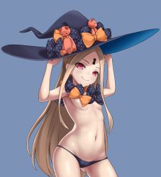 Rule 34 | 1girl, abigail williams (fate), abigail williams (second ascension) (fate), absurdres, bad id, bad pixiv id, black hat, black panties, blonde hair, blue background, bow, breasts, commentary request, fate/grand order, fate (series), hand on headwear, hat, hat bow, highres, kairopoda, keyhole, long hair, looking at viewer, navel, orange bow, panties, polka dot, polka dot bow, red eyes, simple background, small breasts, smile, solo, stuffed animal, stuffed toy, teddy bear, topless, underwear, underwear only, very long hair, witch hat