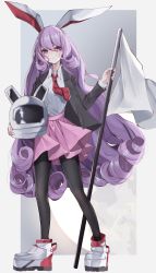 Rule 34 | 1girl, :/, absurdres, animal ears, black jacket, black pantyhose, blazer, blush, border, breasts, closed mouth, collared shirt, commentary request, curly hair, expressionless, eyelashes, flag, full body, grey background, helmet, highres, holding, holding helmet, jacket, light purple hair, long hair, long sleeves, medium breasts, necktie, pantyhose, pink skirt, purple eyes, rabbit ears, red necktie, reisen udongein inaba, shirt, skirt, solo, standing, touhou, tsune (tune), white flag, white footwear, white shirt, wing collar