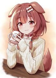 Rule 34 | 1girl, :3, animal ears, blush, bone hair ornament, braid, brown hair, brown sweater, cartoon bone, closed mouth, collar, commentary request, cup, dog ears, dog girl, dog tail, hair between eyes, hair ornament, hair over shoulder, hands up, highres, holding, holding cup, hololive, hoso-inu, inugami korone, long sleeves, looking at viewer, minazuki mizu, mug, red collar, red eyes, ribbed sweater, sleeves past wrists, smile, solo, sweater, tail, tail raised, thick eyebrows, twin braids, upper body, virtual youtuber