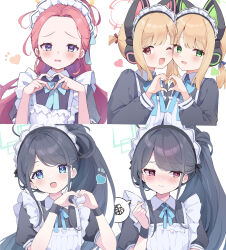 Rule 34 | &lt;key&gt; (blue archive), 5girls, absurdres, animal ear headphones, animal ears, aqua bow, aqua bowtie, aqua ribbon, aris (blue archive), aris (maid) (blue archive), blue archive, blush, bow, bowtie, fake animal ears, finger heart, game development department (blue archive), halo, headphones, heart, heart hands, heart hands duo, highres, looking at viewer, maid, maid headdress, midori (blue archive), midori (maid) (blue archive), mola mola, momoi (blue archive), momoi (maid) (blue archive), multiple girls, neck ribbon, official alternate costume, official alternate hairstyle, ponytail, ribbon, siblings, simple background, sisters, smile, spoken squiggle, squiggle, upper body, white background, wristband, yuzu (blue archive), yuzu (maid) (blue archive)