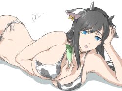Rule 34 | 1girl, animal ears, animal print, arm under breasts, banknote, bikini, black hair, blue eyes, breast press, breasts, burn the witch, choker, commentary request, cow ears, cow horns, cow print, cow print bikini, cowboy shot, fake animal ears, fake horns, hand on own head, highres, holding, holding money, horns, large breasts, long hair, looking at viewer, lying, mitsugu, money, navel, niihashi noel, on side, open mouth, print bikini, side-tie bikini bottom, signature, simple background, solo, swimsuit, white background