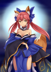 Rule 34 | 1girl, absurdres, akako (lovewwsh521), animal ear fluff, animal ears, bare shoulders, blue kimono, blue ribbon, blue thighhighs, breasts, cleavage, detached sleeves, fate/extella, fate/extra, fate/extra ccc, fate/grand order, fate (series), fox ears, fox girl, fox tail, hair ribbon, highres, japanese clothes, kimono, large breasts, looking at viewer, outdoors, pink hair, ribbon, solo, tail, tamamo (fate), tamamo no mae (fate/extra), thighhighs, yellow eyes