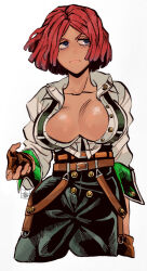 Rule 34 | 1girl, breasts, carota327, cleavage, dark-skinned female, dark skin, fingerless gloves, giovanna (guilty gear), gloves, guilty gear, guilty gear strive, high-waist pants, highres, large breasts, lips, pants, partially unbuttoned, red hair, shirt, short hair, sleeves pushed up, solo, suspenders, white shirt