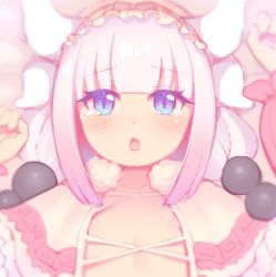 Rule 34 | 10s, 1girl, arms up, beads, blue eyes, blunt bangs, blush, dragon girl, dragon horns, fang, fiodo, hair beads, hair ornament, hairband, highres, horns, kanna kamui, kobayashi-san chi no maidragon, light purple hair, long hair, looking at viewer, lying, on back, open clothes, open mouth, solo, tears, twintails, white legwear