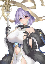 Rule 34 | 1girl, absurdres, azur lane, black gloves, blue gemstone, blush, breasts, clothing cutout, commentary request, cowboy shot, cross, cross earrings, detached sleeves, dress, earrings, feather boa, gem, gloves, hair between eyes, hand on own chest, highres, holding, holding staff, jewelry, large breasts, looking at viewer, lyon (azur lane), navel, navel cutout, parted lips, purple hair, red eyes, short hair, sideboob, sidelocks, simple background, single bare shoulder, sleeveless, sleeveless dress, smile, solo, soul (dp11), staff, standing, taut clothes, taut dress, textless version, white background, white dress