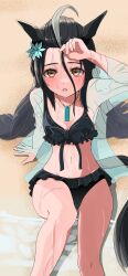 Rule 34 | 1girl, absurdres, ahoge, animal ears, arm support, arm up, beach, bead necklace, beads, bikini, black bikini, black bow, black hair, blush, bow, commentary request, coralreef966, feet out of frame, flower, hair between eyes, hair flower, hair ornament, highres, horse ears, horse girl, horse tail, jewelry, long hair, long sleeves, looking at viewer, manhattan cafe (the bubbles that i see with you) (umamusume), manhattan cafe (umamusume), multicolored hair, navel, necklace, official alternate costume, on ground, open mouth, sand, see-through, see-through shirt, solo, streaked hair, swimsuit, tail, umamusume, very long hair, water, wet, white hair, yellow eyes
