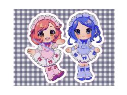 Rule 34 | 2girls, :d, apron, ayase naru, blue apron, blue eyes, blue footwear, blue hair, border, brown eyes, chibi, closed mouth, dress, frilled apron, frills, full body, grey background, hand up, highres, leg warmers, looking at viewer, maid, maid headdress, mea (meari mr), multiple girls, open mouth, outline, pink apron, pink footwear, pink hair, pretty rhythm, pretty rhythm rainbow live, pretty series, rinne (pretty rhythm), shoes, short hair, smile, standing, swept bangs, white border, white dress, white outline