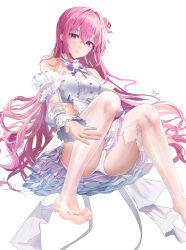 Rule 34 | 1girl, a-by, absurdres, bare shoulders, blush, breasts, closed mouth, detached sleeves, dorothy (nikke), dress, frilled dress, frills, goddess of victory: nikke, hair bun, highres, large breasts, long hair, no shoes, open mouth, panties, pantyshot, pink hair, purple eyes, ribbon, simple background, single side bun, skirt, soles, solo, thighhighs, thighs, underwear, very long hair, white background, white panties