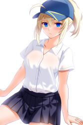 Rule 34 | 1girl, ahoge, alternate costume, artoria pendragon (fate), baseball cap, black skirt, blonde hair, blue eyes, blue hat, blush, collared shirt, commentary request, engo (aquawatery), fate/grand order, fate (series), hat, invisible chair, long hair, looking at viewer, mysterious heroine x (fate), pleated skirt, ponytail, shirt, short sleeves, sidelocks, simple background, sitting, skirt, solo, white background, white shirt