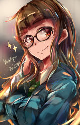 Rule 34 | 10s, 1girl, bespectacled, black-framed eyewear, blunt bangs, breasts, brown hair, character name, closed mouth, commentary request, cowboy shot, glasses, green necktie, hand on own head, head tilt, highres, hime cut, idolmaster, idolmaster cinderella girls, kamiya nao, long hair, long sleeves, looking at viewer, medium breasts, necktie, school uniform, smile, solo, sparkle, taki (takimon), upper body