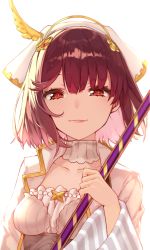 Rule 34 | 1girl, atelier (series), atelier sophie, bad id, bad pixiv id, brown eyes, brown hair, closed mouth, collarbone, detached collar, hair ornament, highres, holding, holding staff, hoshi usagi, jacket, light smile, looking at viewer, short hair, simple background, solo, sophie neuenmuller, staff, upper body, white background, white jacket