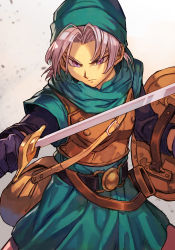 Rule 34 | 1boy, armor, bag, belt, black gloves, closed mouth, dragon quest, dragon quest vi, dress, gloves, green dress, green headwear, holding, holding shield, holding sword, holding weapon, hungry clicker, looking at viewer, male focus, purple eyes, purple hair, shield, short hair, shoulder bag, simple background, solo, sword, terry (dq6), v-shaped eyebrows, weapon, white background