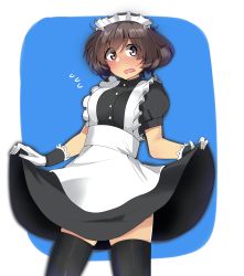 Rule 34 | 1girl, absurdres, akiyama yukari, alternate costume, apron, black dress, black thighhighs, blue background, blush, brown eyes, brown hair, commentary, dress, enmaided, flying sweatdrops, frown, girls und panzer, gloves, highres, kshimu, looking at viewer, maid, maid apron, maid headdress, messy hair, one-hour drawing challenge, open mouth, puffy short sleeves, puffy sleeves, short dress, short hair, short sleeves, skirt hold, solo, standing, thighhighs, white apron, white gloves
